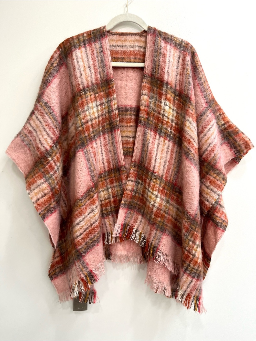 Anthropologie pink red plaid shawl cape topper fringe fall time one size OS
